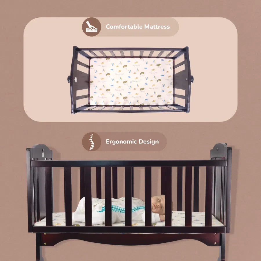 Dream Time Wooden Cradle - Swing & Wheel Lock, High Quality Pine Wood, Scratch Resistant
