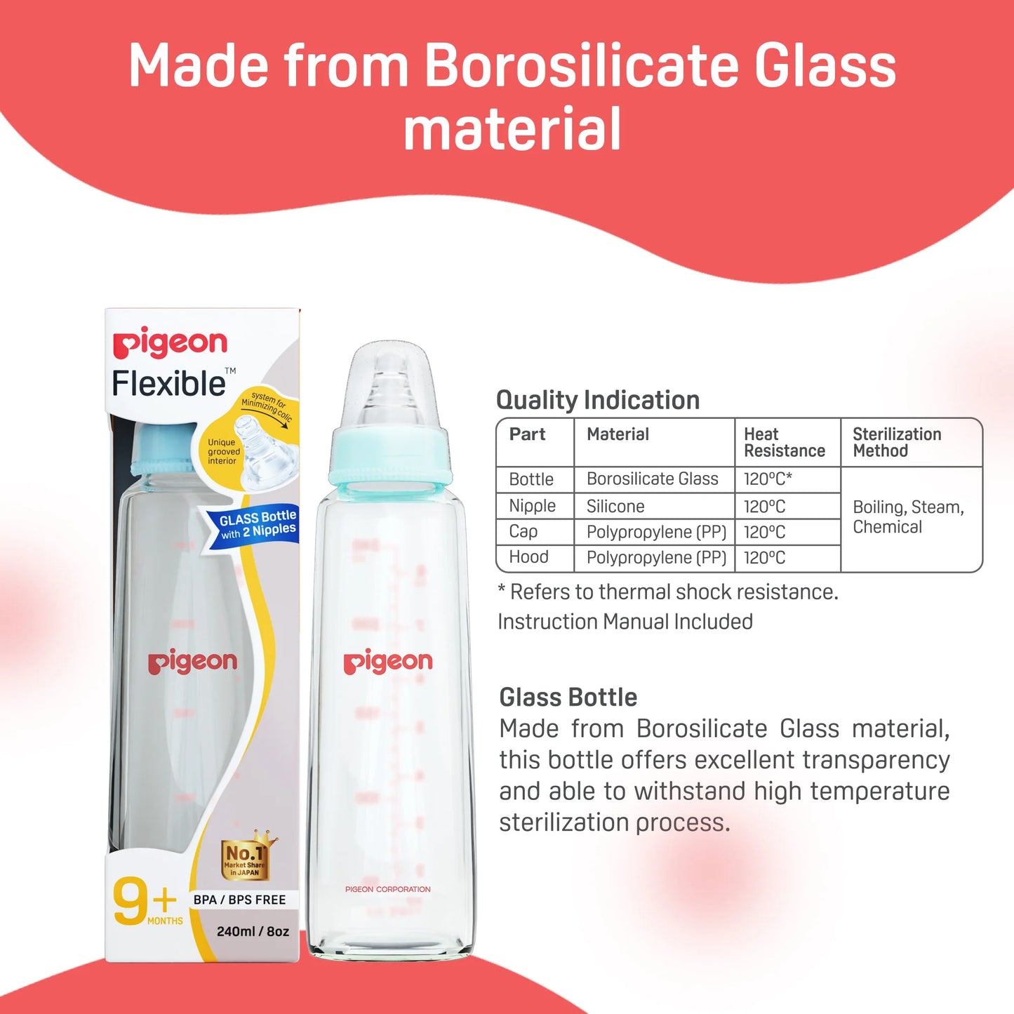 Pigeon Glass Feeding Bottle 240ml (9m+)