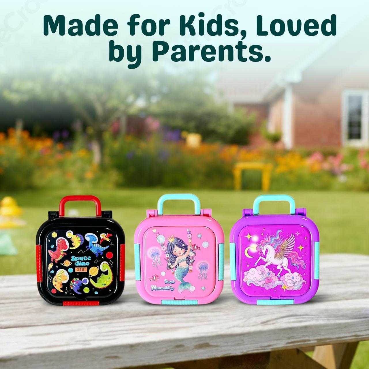 Mini Cartoon Kids Lunch Box- Spill Proof, 3 compartment(700ML)
